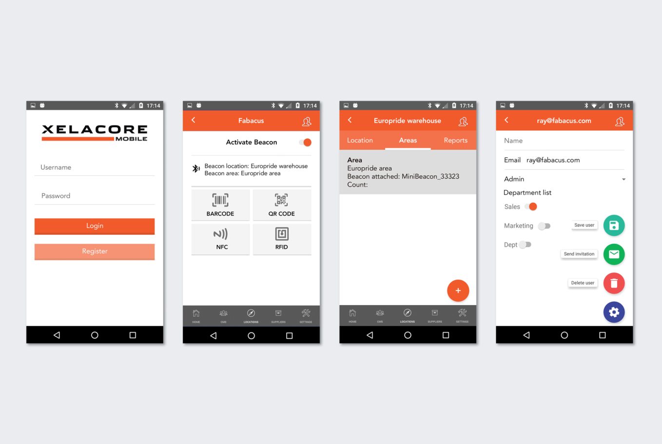 Screenshots of a mobile app showing login, settings, and notifications.