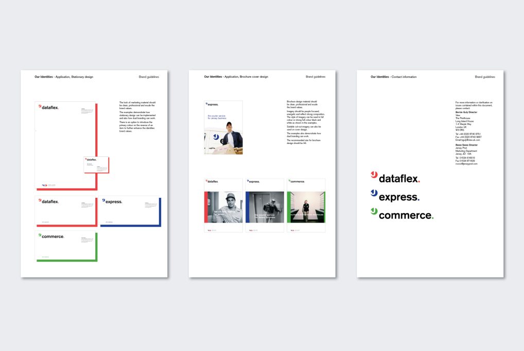 Three pages displaying content layout and design elements for a identity guidelines