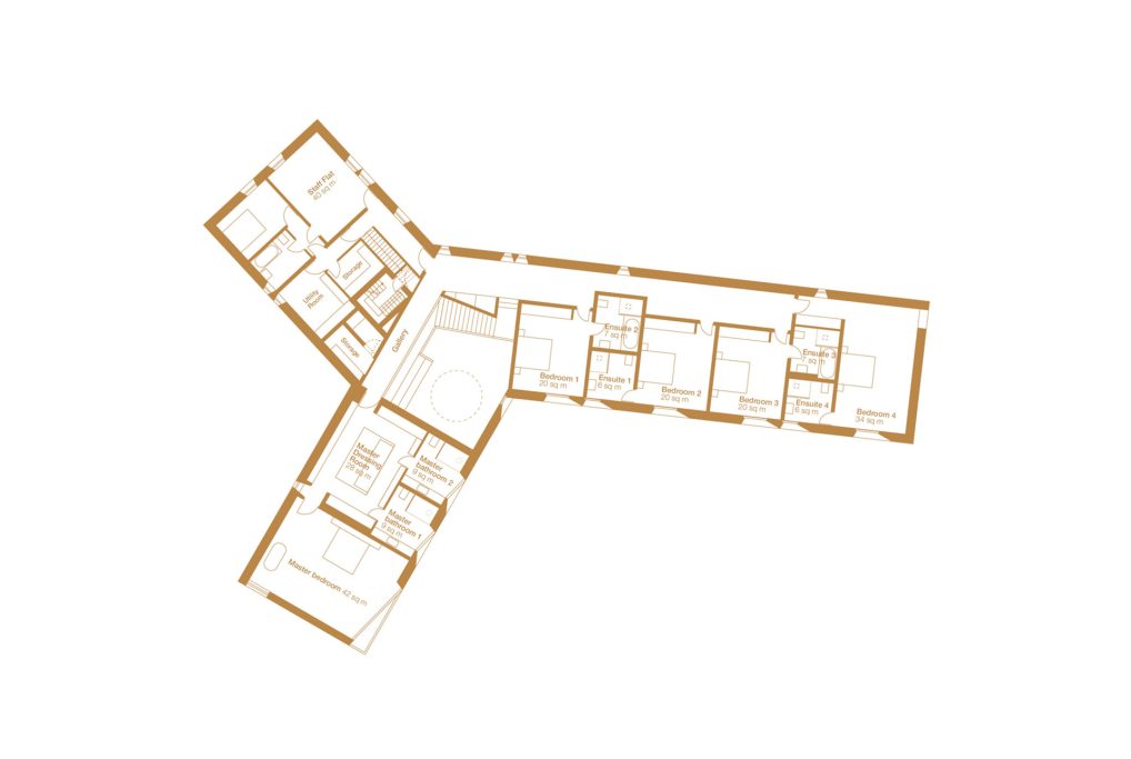 Floor plan of a multi-room layout with an L-shaped design.
