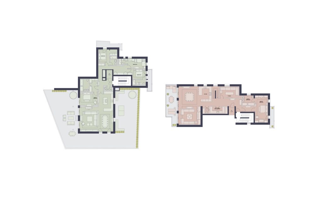 Floor plan showing two distinct layouts in green and pink sections.
