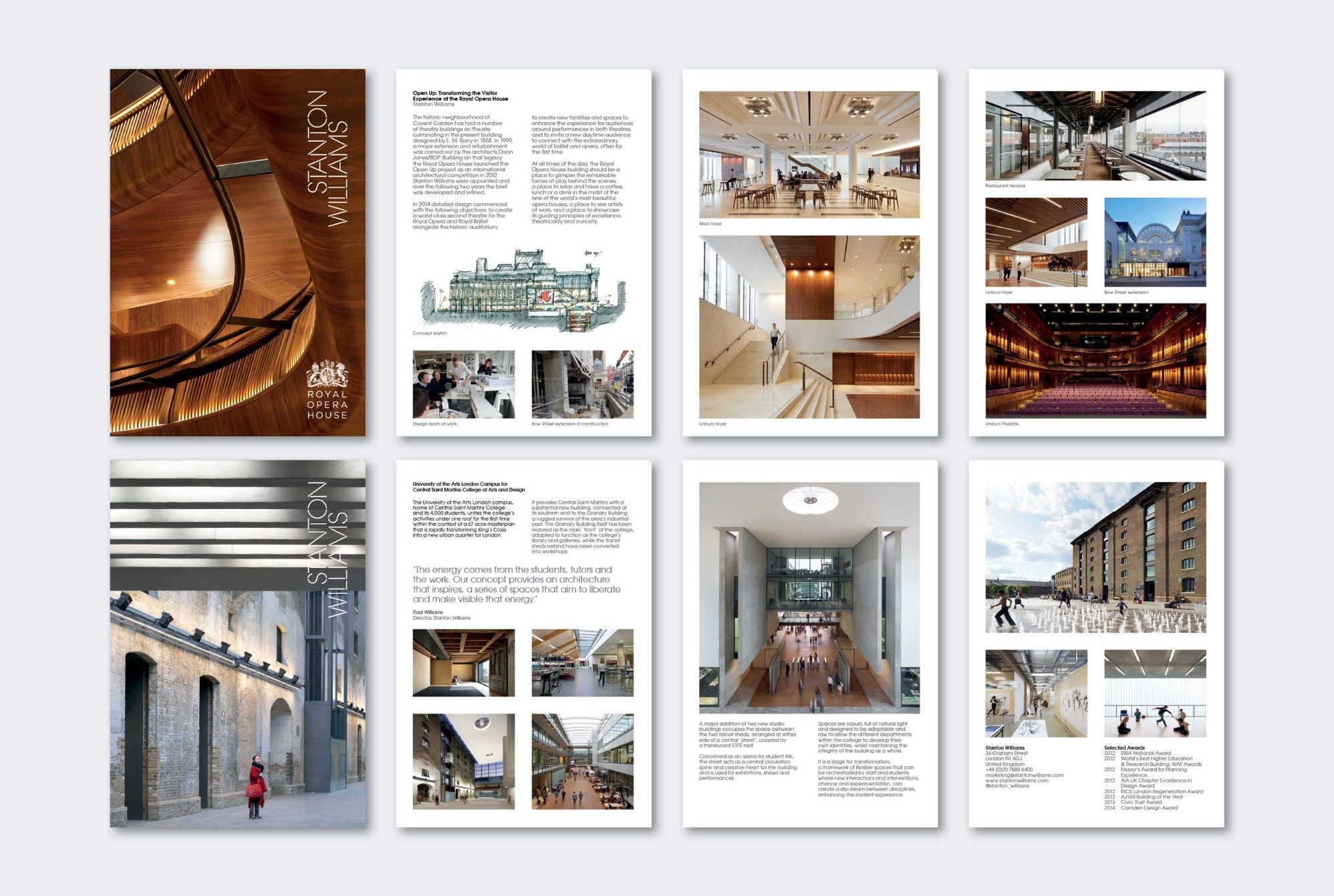 Architectural design spread featuring images and descriptions of various spaces.