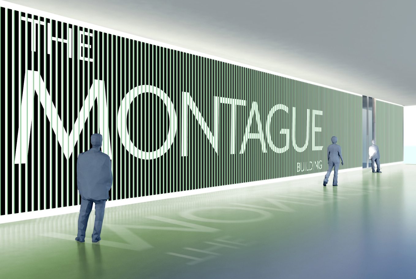 Signage with "THE MONTAGUE" in large letters on a modern, brightly lit wall.