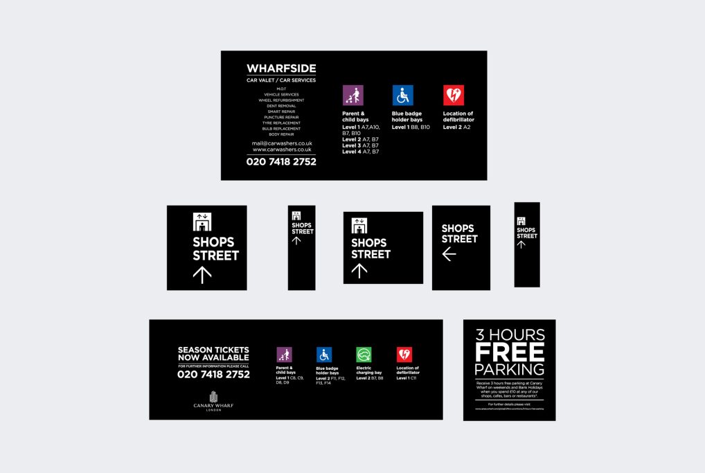 Collection of promotional materials featuring various offers and services on a black background.