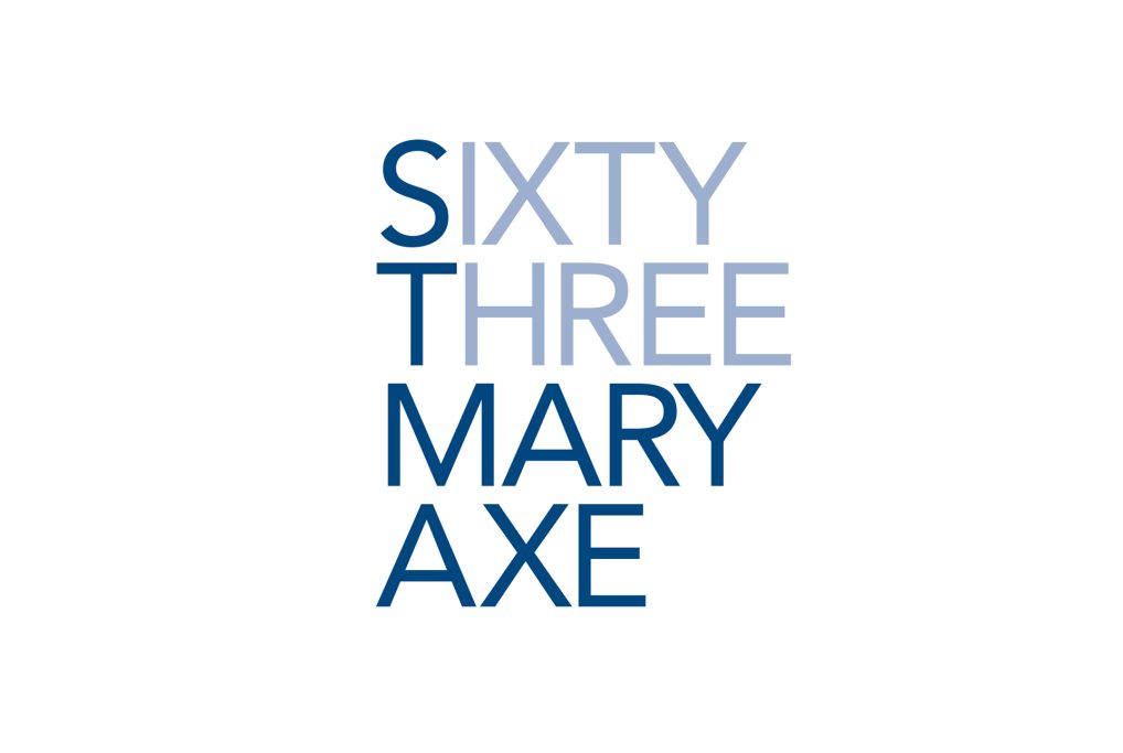 Logo for "Sixty Three Mary Axe" in blue and light blue text.